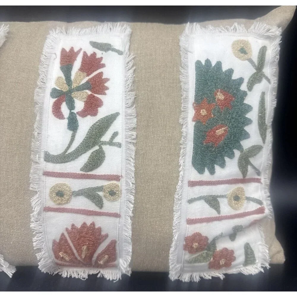 Shabby Chic Brand Tan w/ Colorful Embroidered Flowers Rectangular Pillow 25 X 16